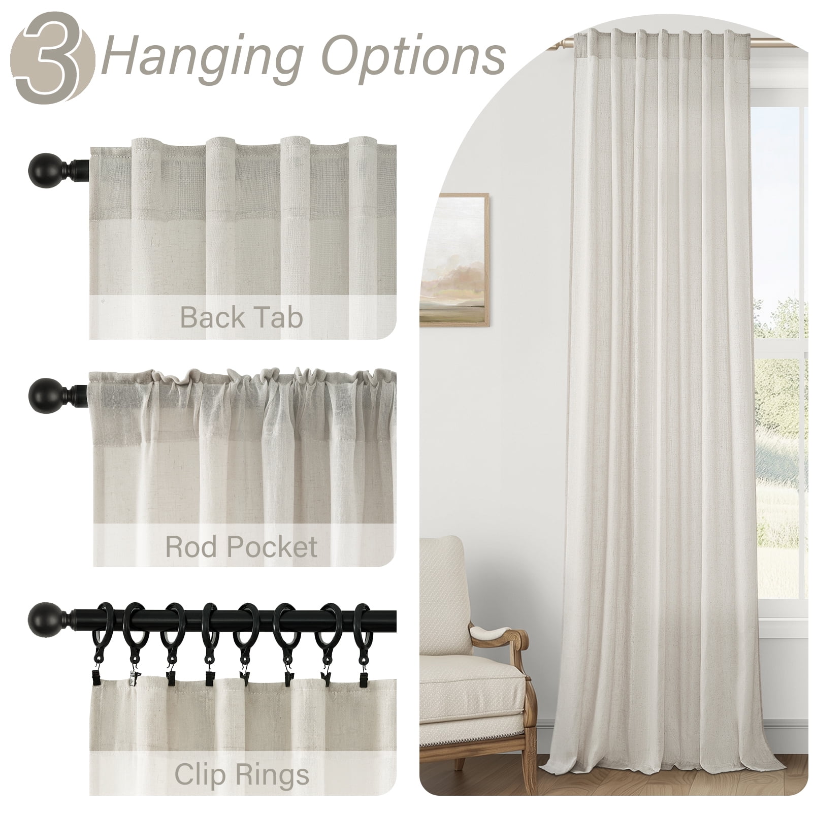 Topfinel Linen Curtains Soft Textured Semi Sheer Light Filtering Drapes Rod Pocket Back Tab Window Treatments for Living Room Bedroom, Beige, 50"x96", 2 Panels