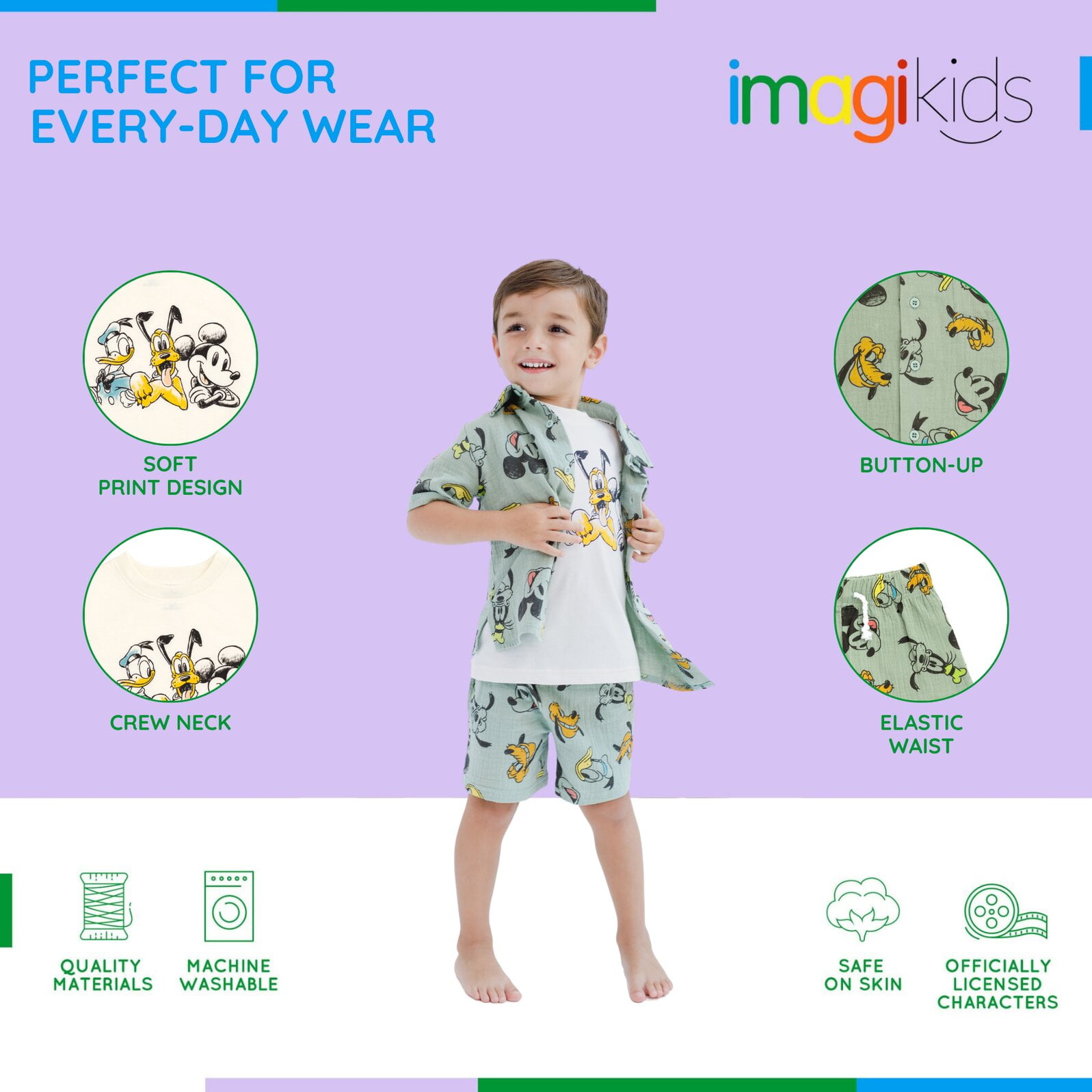 Disney Mickey Mouse Goofy Donald Duck Cotton Gauze Button Down Shirt, T-Shirt and Shorts 3 Piece Outfit Set Infant to Little Kid