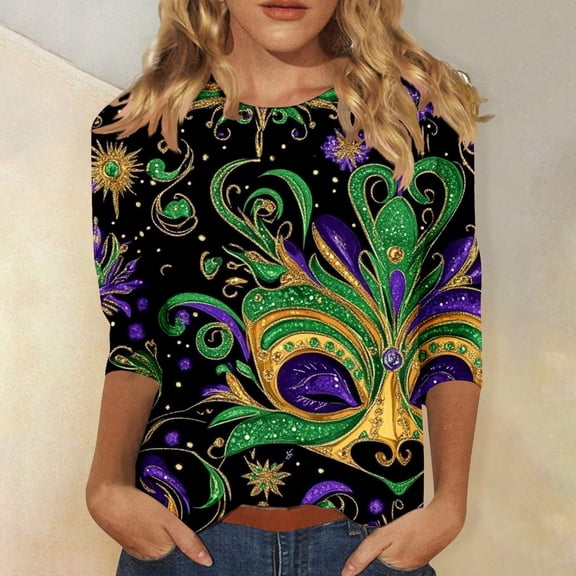 CYiJun Mardi Gras Clothing,Mardi Gras Sequin Top for Women,Sparkling 3/4 Sleeve Crewneck Party Shirt in Purple, Green & Gold