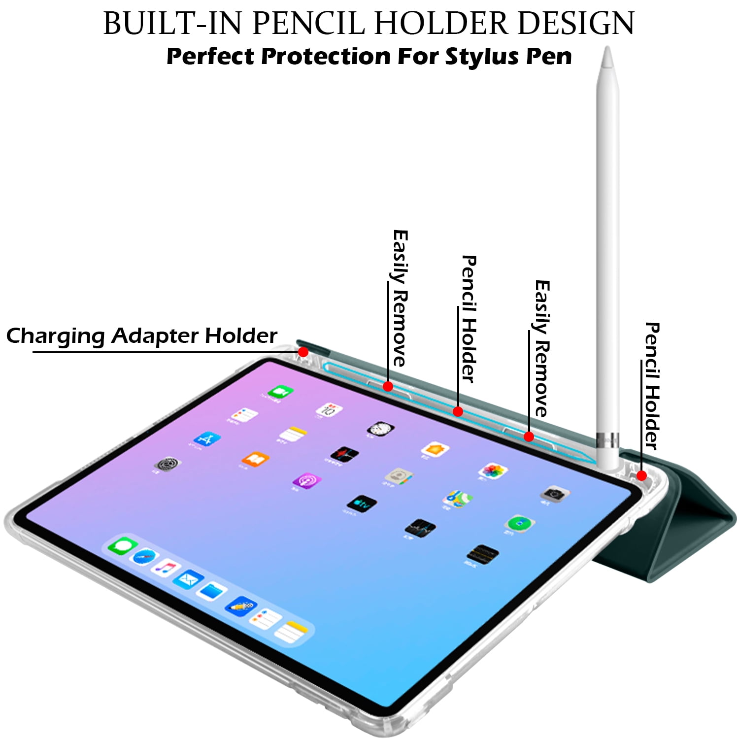 iPad 9th 2021 8th 2020 7th 2019 Gen [iPad 9 iPad 8 iPad 7 ] 10.2 Inch A2602 A2270 A2197 MK663LL/A MK673LL/A MYN62LL/A MW6Y2LL/A Clear Back TPU Silicone Back Printed Case Pencil Holder - Dark Green