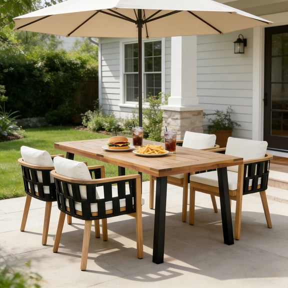 Christopher Knight Home 5-Piece Modern Acacia Wood Dining Set with 69" Rectangular Table, Teak Finish