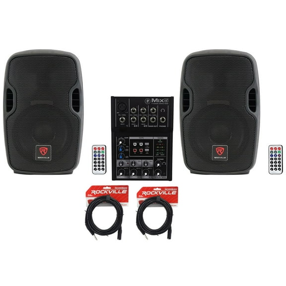 (2) Rockville BPA8 300 Watt 8" Powered Speakers Mackie 5-Channel Mixer Cables