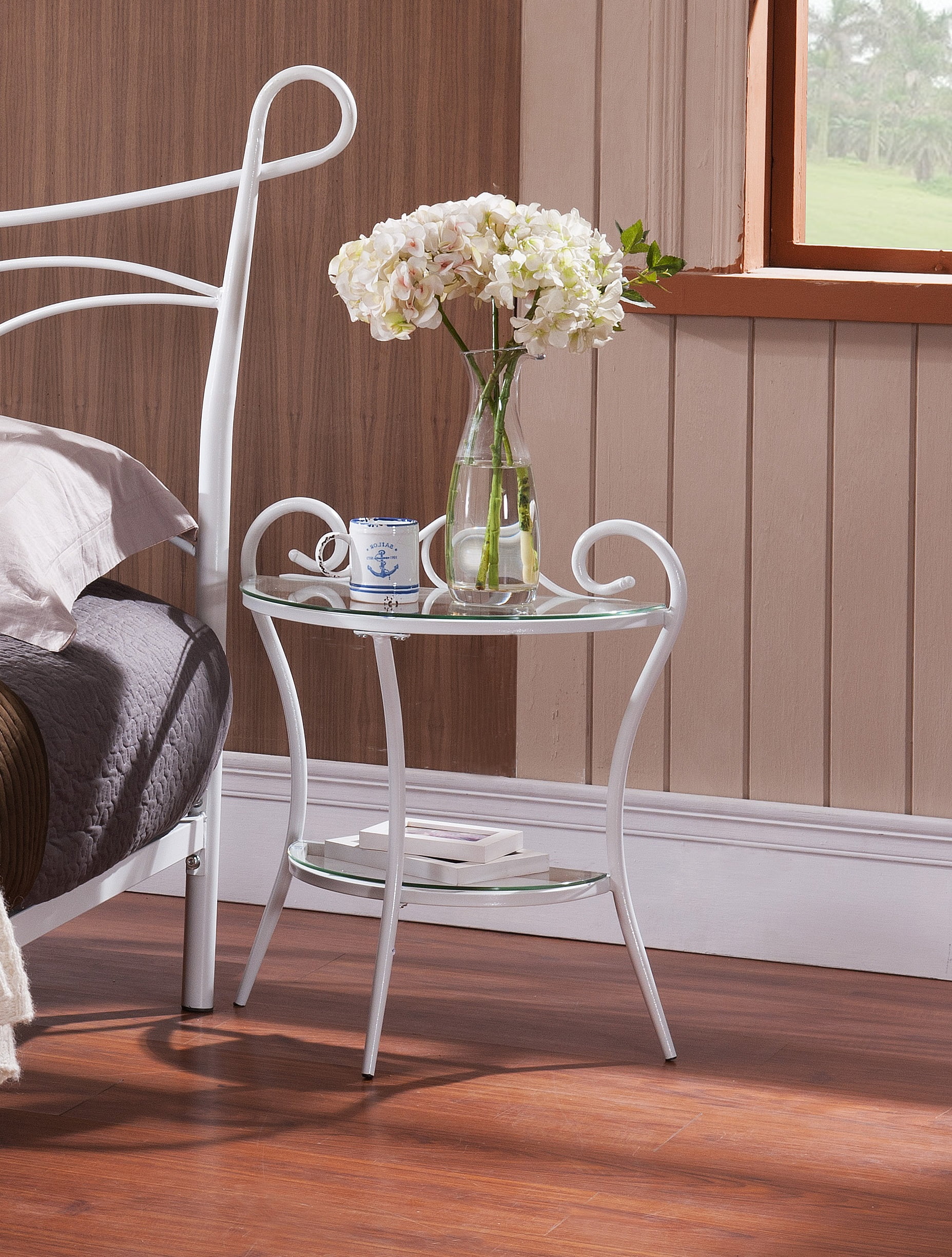 Laurel White Metal & Glass Top Modern Night Stand Bedside ...