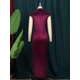 thumbnail image 4 of Women Dress Pleated Long Wine Red Elegant Slit High Collar Slim Fit Sleeveless Maxi Outfits Plus Size Evening Party Shiny Gowns, 4 of 5