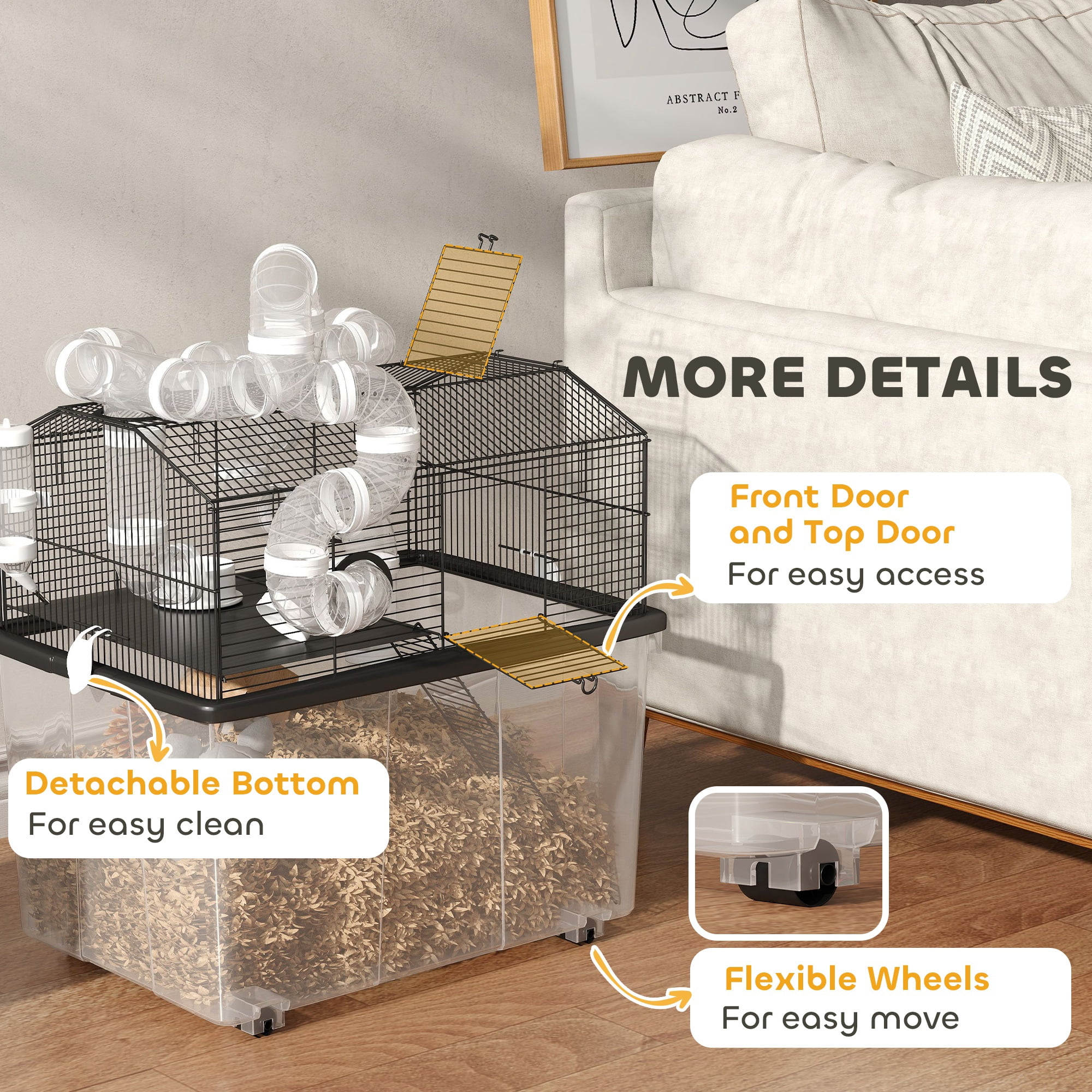 PawHut Hamster Cage with 12" Deep Tray, 2 Tier Gerbil Cage with Tube System, Water Bottle, Ramp, Feeding Bowl, 23" x 17" x 22", Black