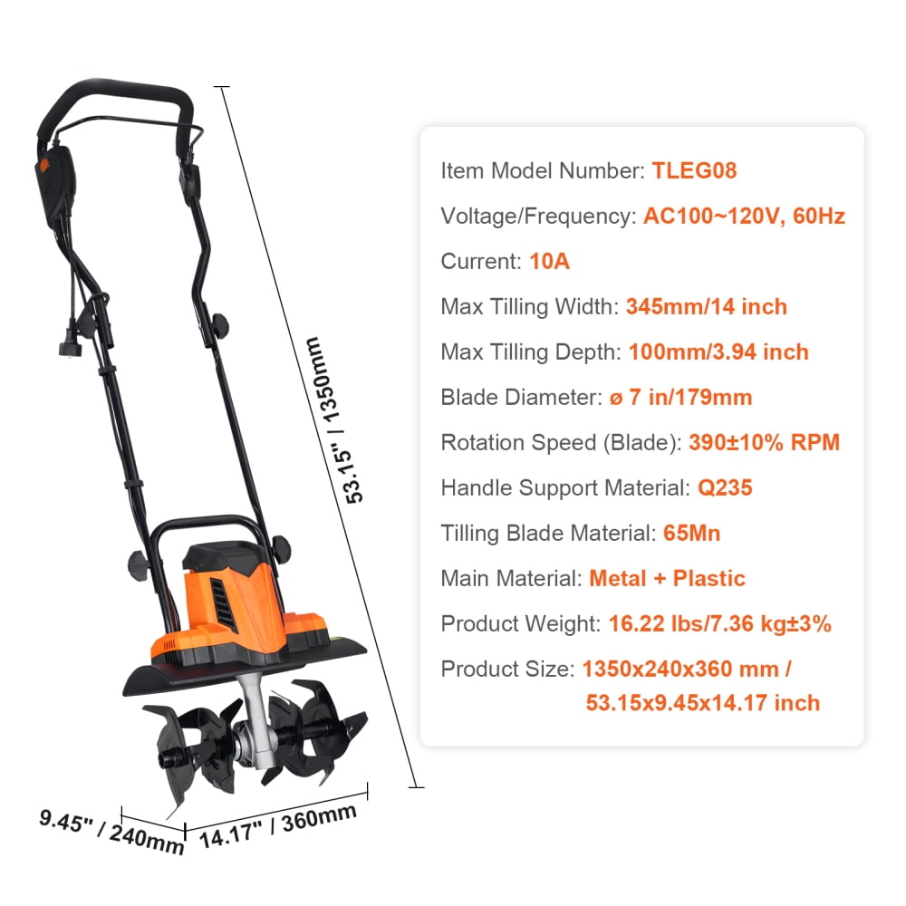 NOBOLEA 10 Amp Electric Tiller, 14" Tilling Width 3.94" Tilling Depth Corded Electric Tiller/Cultivator, Steel Mn Tines, Rototiller for Garden Lawn Soil Digging