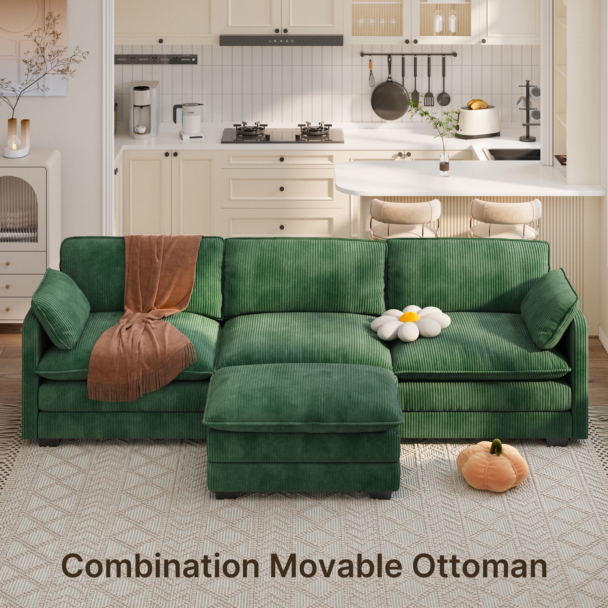 Lofka Sectional Sofa Bed, 110" Convertible L Shaped Couches for Living Room  with Soft Corduroy Fabric, Green
