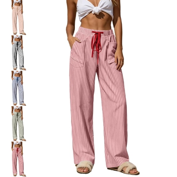 MLCDZ Women Wide Leg Striped Print Pants Flowy Palazzo Drawstring Elastic Waist Trousers with Pockets Summer Beach Vacation Hiking Pants