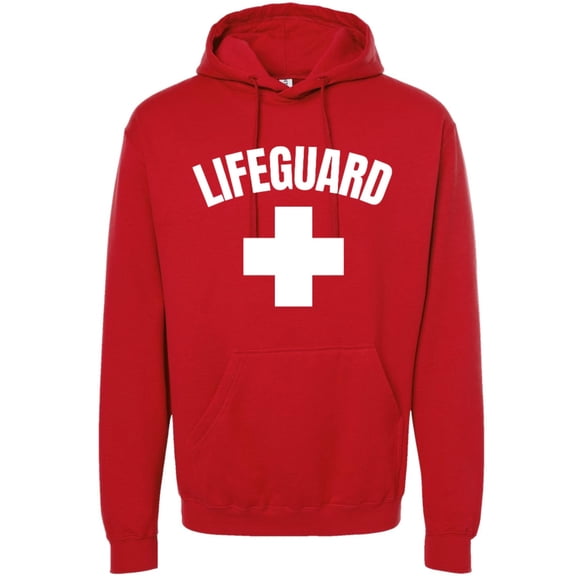 Red Lifeguard White Cross Hooded Sweatshirt Pool Water Watch Safety Premium Pullover Hoodie (Large)