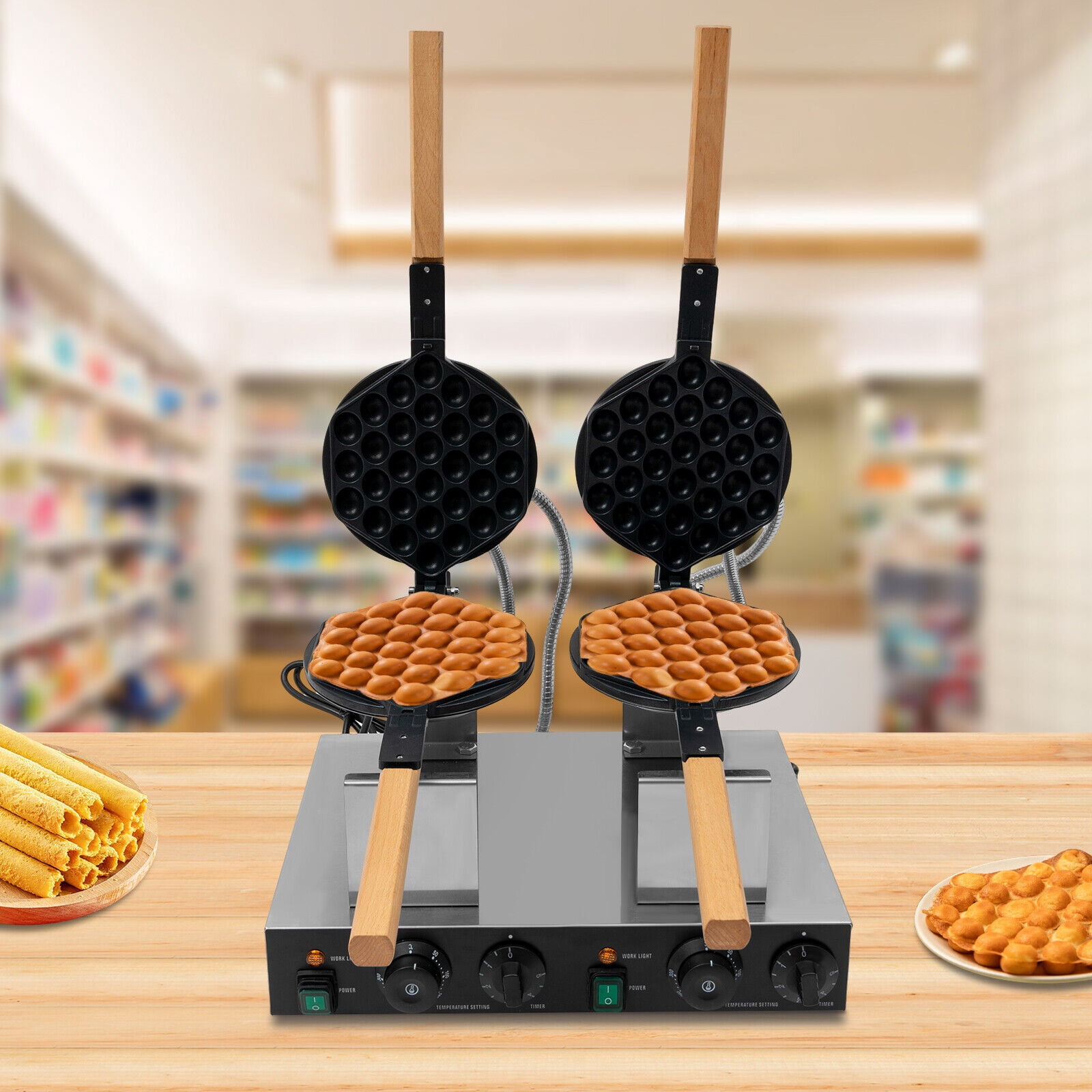 2.83KW Double-Head Bubble Waffle Maker, Commercial Waffle Maker Non-Stick Hong Kong Egg Waffle Maker Stainless Steel Pancake Maker 180° Rotate Stainless Steel Bubble Waffle Machine 50-300°C/122-572℉