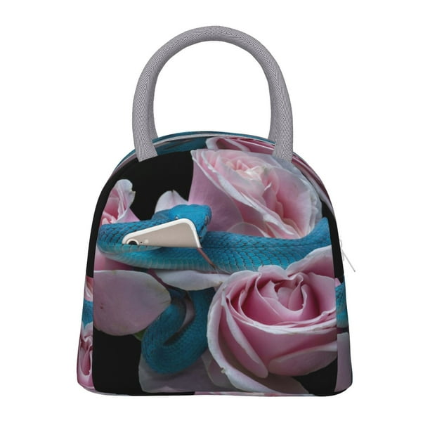 Balery Blue Lipped Pit Viper And Three Pink Roses Bolsa de Almuerzo para Mujeres, Caja de Almuerzo, Bolsa de Almuerzo Pequeña Impermeable, Tote de Almuerzo Reutilizable con Gran Capacidad