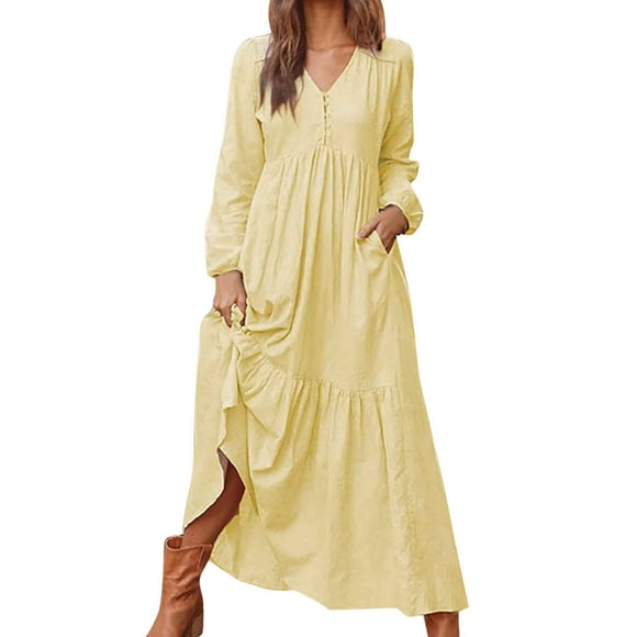 Lroplie Maxi Dresses for Women 2023 Autumn Button Cotton Retro Casual Long Sleeve Womens Dress Yellow M