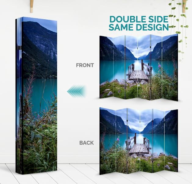 6 Panels Privacy Screen Room Divider Partition with Lake Dock Canvas, Water Resistant for Living Room, Bathroom, Home Office or College Dorm, Wood Frame