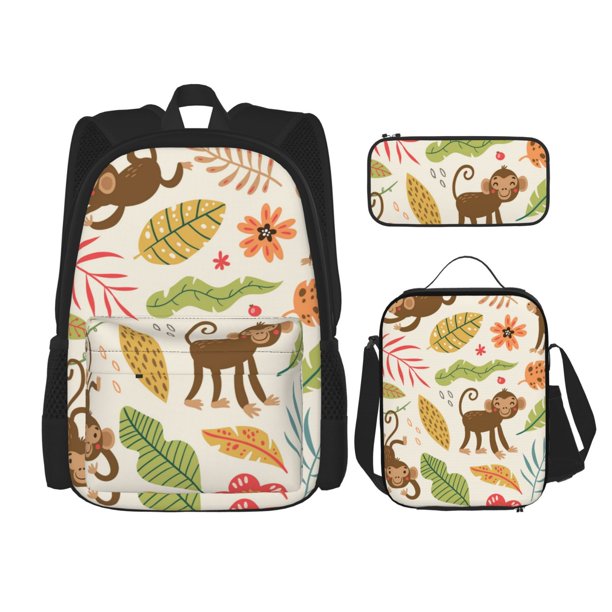 Balery Monkeys in the Jungle Mochila escolar 3 en 1 para niños: mochila resistente con lonchera térmica y estuche para lápices. Mochila escolar para niños y niñas.