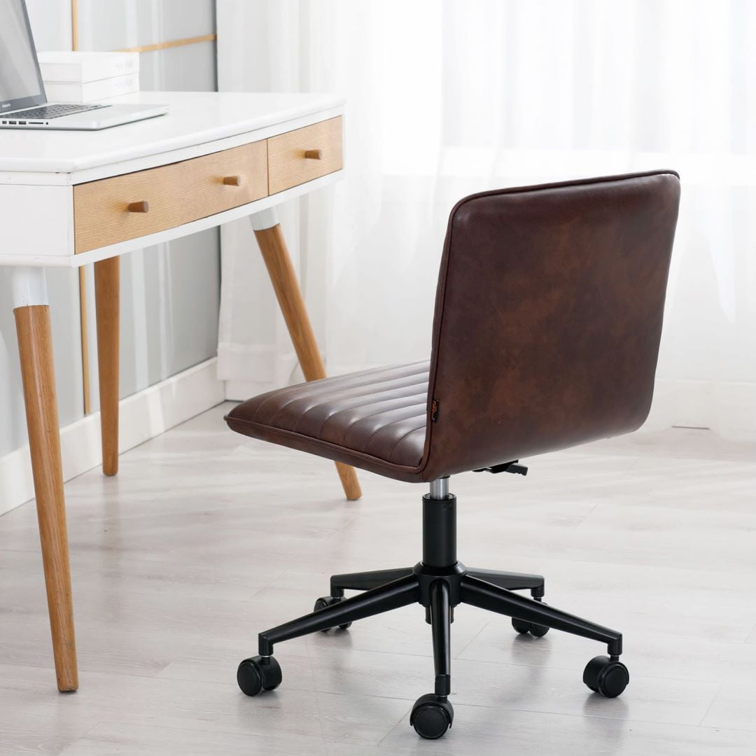 Furniliving Armless Task Chair  Leather  Office ChairMid-back Swivel Adjustable Rolling Computer Chair ,Dark Brown