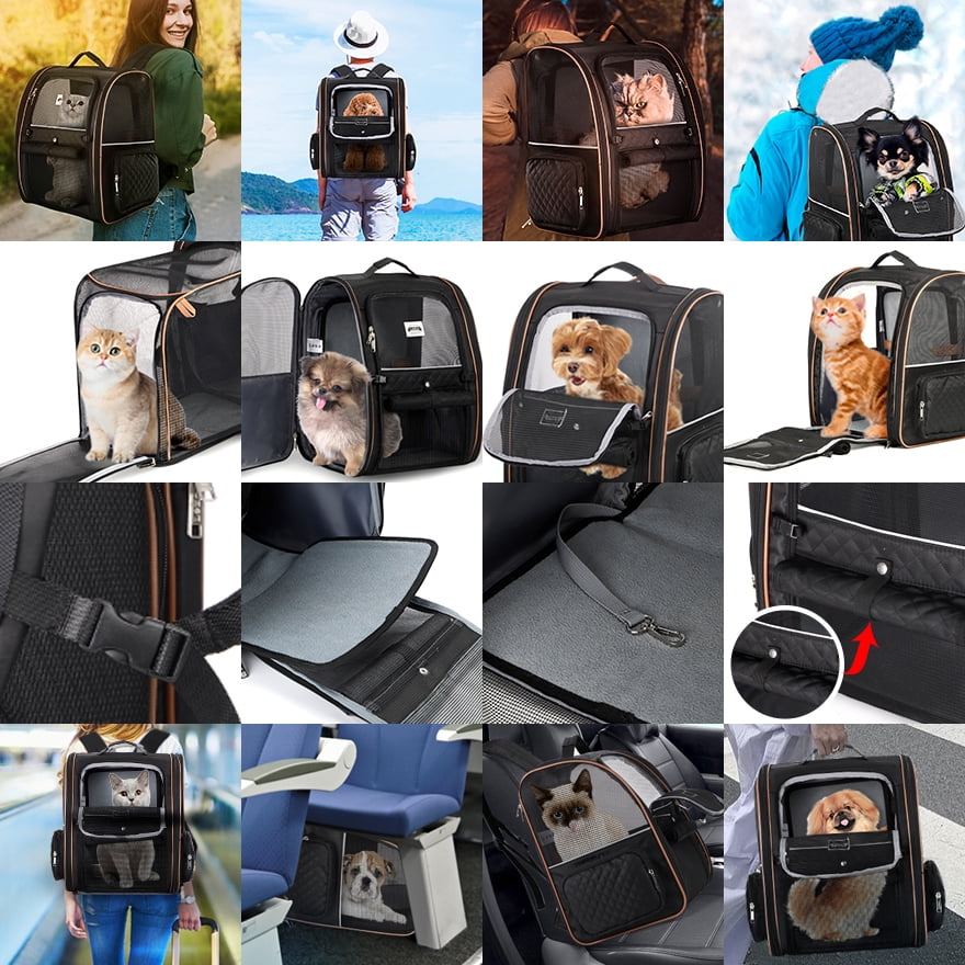 Lekesky - Expandable Cat Dog Backpack Carrier for Travel - Max Airflow, 4 Entrances, Folds Flat, Holds Pets Up to 18 Lbs, Safety Leash Included, Black