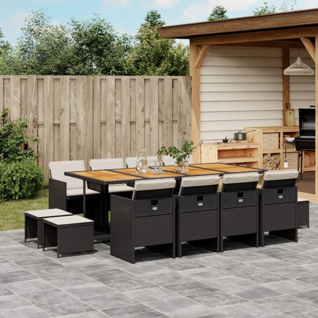 vidaXL 13 Piece Garden Dining Set with Cushions Black Poly Rattan