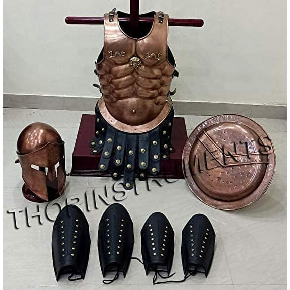 Medieval 300 Spartan Armor Copper Helmet Muscle Jacket Leather Arm & Leg Guard & Shield