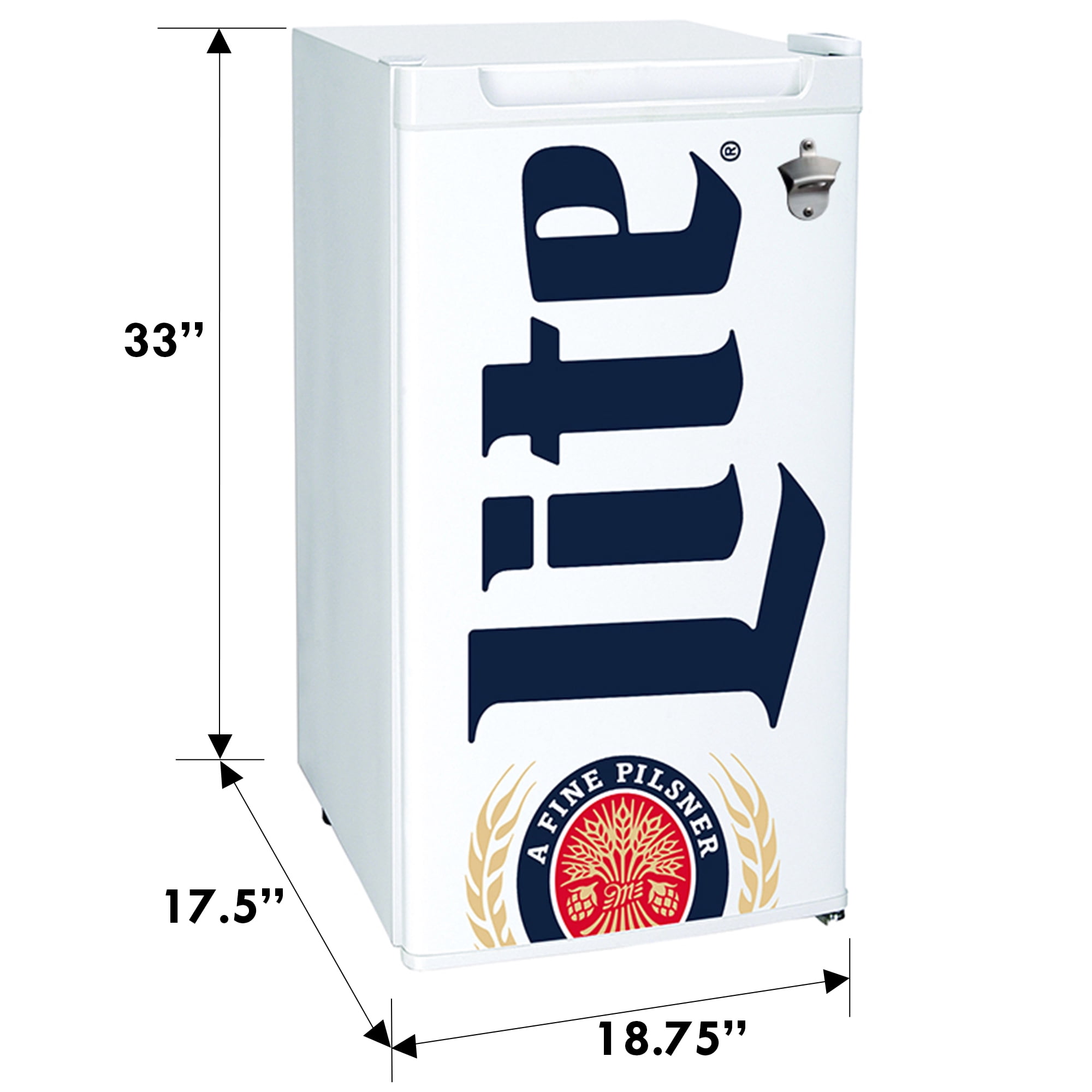 Miller Lite Compact 90 L Fridge with Bottle Opener, White