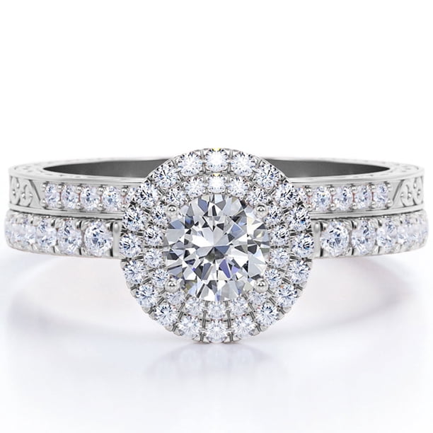 JeenMata Anillo de Boda con Filigrana Decorativa y Doble Halo de Moissanita Redonda de 1,15 Quilates con Certificación Chapado en Oro Blanco de 18 K sobre Plata