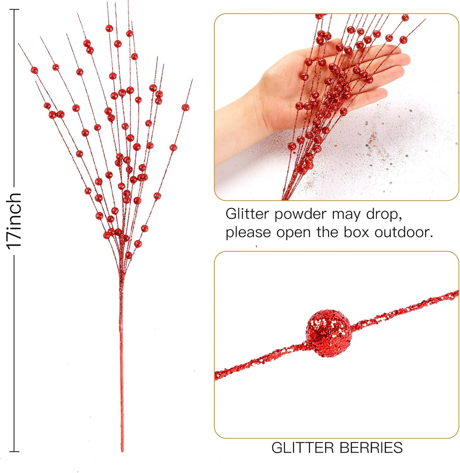 24 Pack Artificial Glitter Berry Stem Ornaments,Bexikou 16.93inch Red Christmas Decorations,Artificial Christmas Picks for Christmas Tree Ornaments, DIY Xmas Wreath, Crafts, Holiday Home Decor