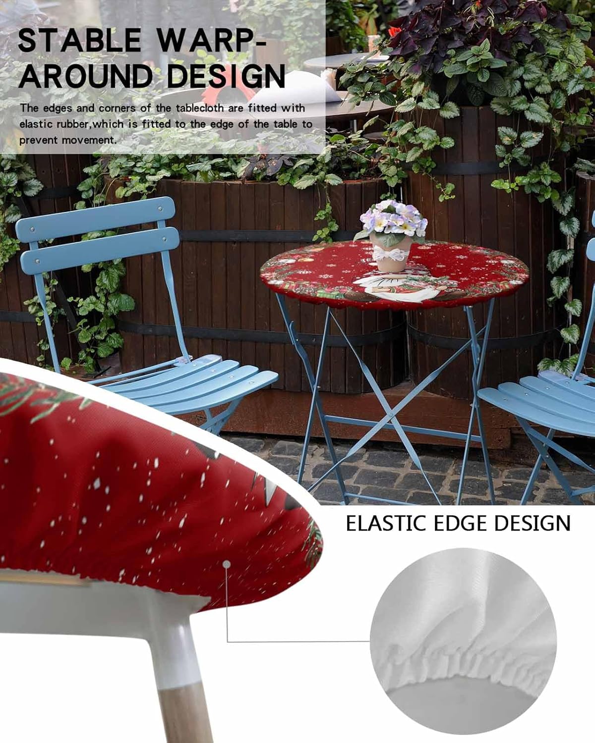 Merry Christmas Fitted Red Tablecloth Waterproof Round Table Cloth,Gnome Xmas Sock Gift Snowflake Tablecloths Pine Cone Ball Elastic Edge Table Cover for Winter Holiday Party Decor,45-52in