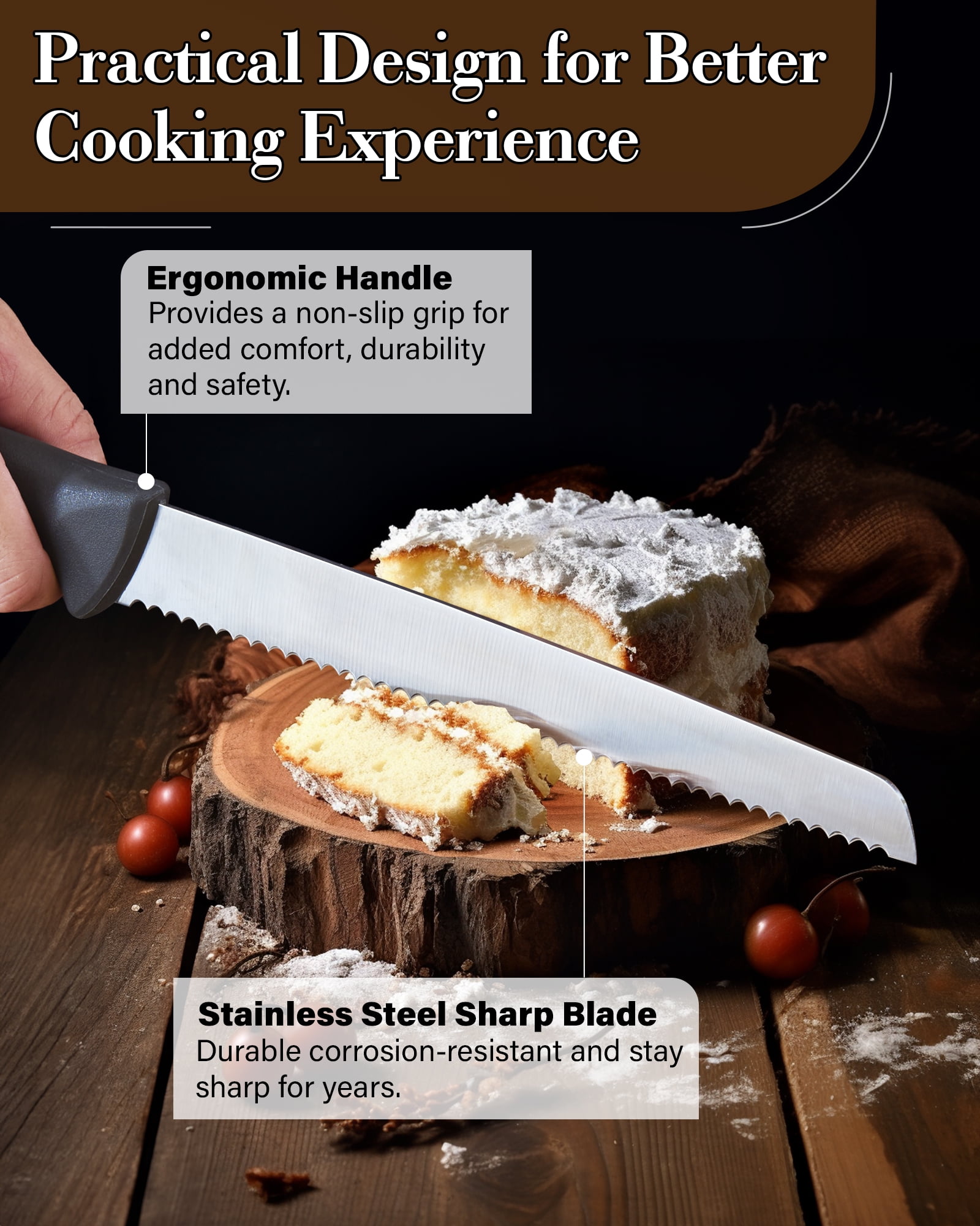 Cook N Home Professional Cutlery 10 Inch Bread Slicer Knife, Wavy Serrated High Carbon German Stainless Steel Sharp Kitchen Knife, Ergonomic Handle, Black