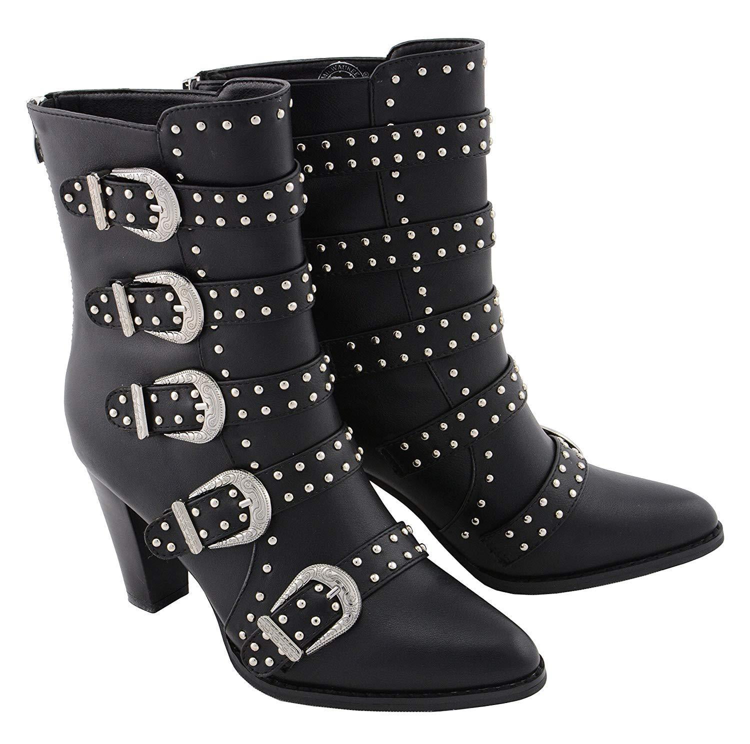 Milwaukee Performance MBL9428 Womens Black Buckle Up Boots with Studded Bling 6 
