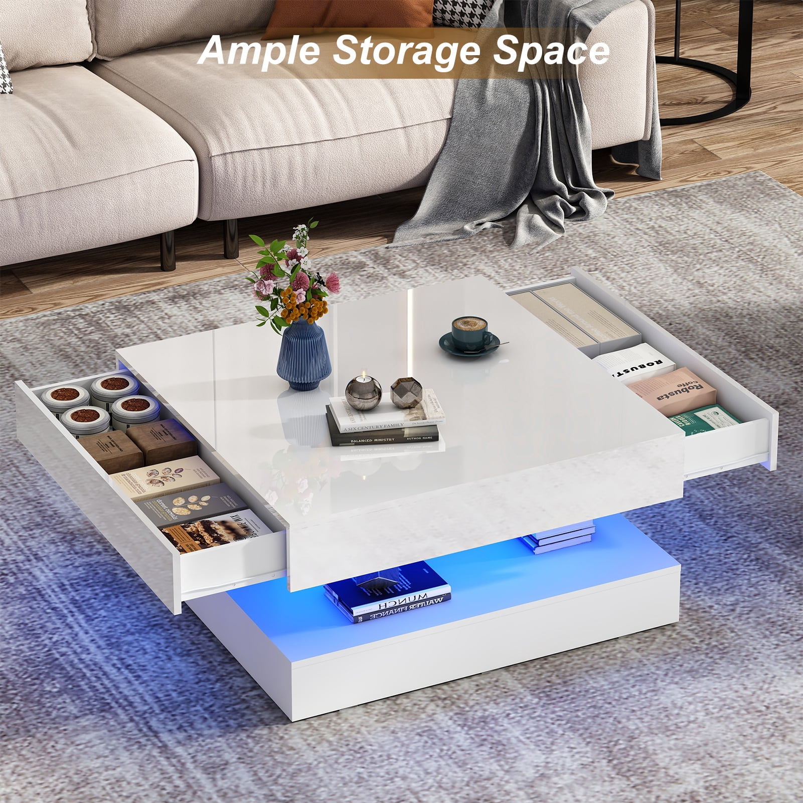 ChVans 34" LED Square Coffee Table with 2 Drawers, 2-Tier White High Glossy Coffee Table with Led lights & Storage Drawer, Modern Living Room Tables