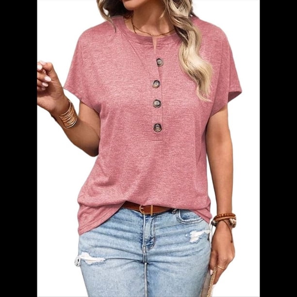 Tops Henley de Corta para Mujer, Cuello en V, Elegantes, Informales, Holgados, Rosa, XXL
