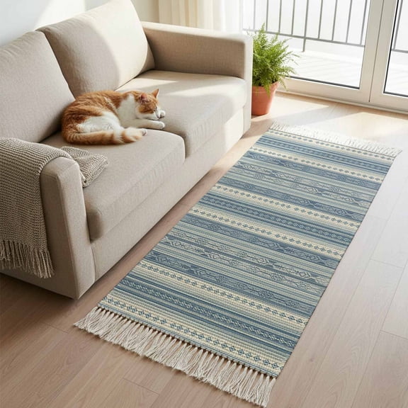 Blue Geometric Kitchen Runner Rug 2'x4', Modern Abstract Art Vintage Boho Washable Rug with Tassels, Non Slip Woven Cotton Bathroom Rugs Hallway Carpet for Foyer Bedroom Entry Back Door Decor
