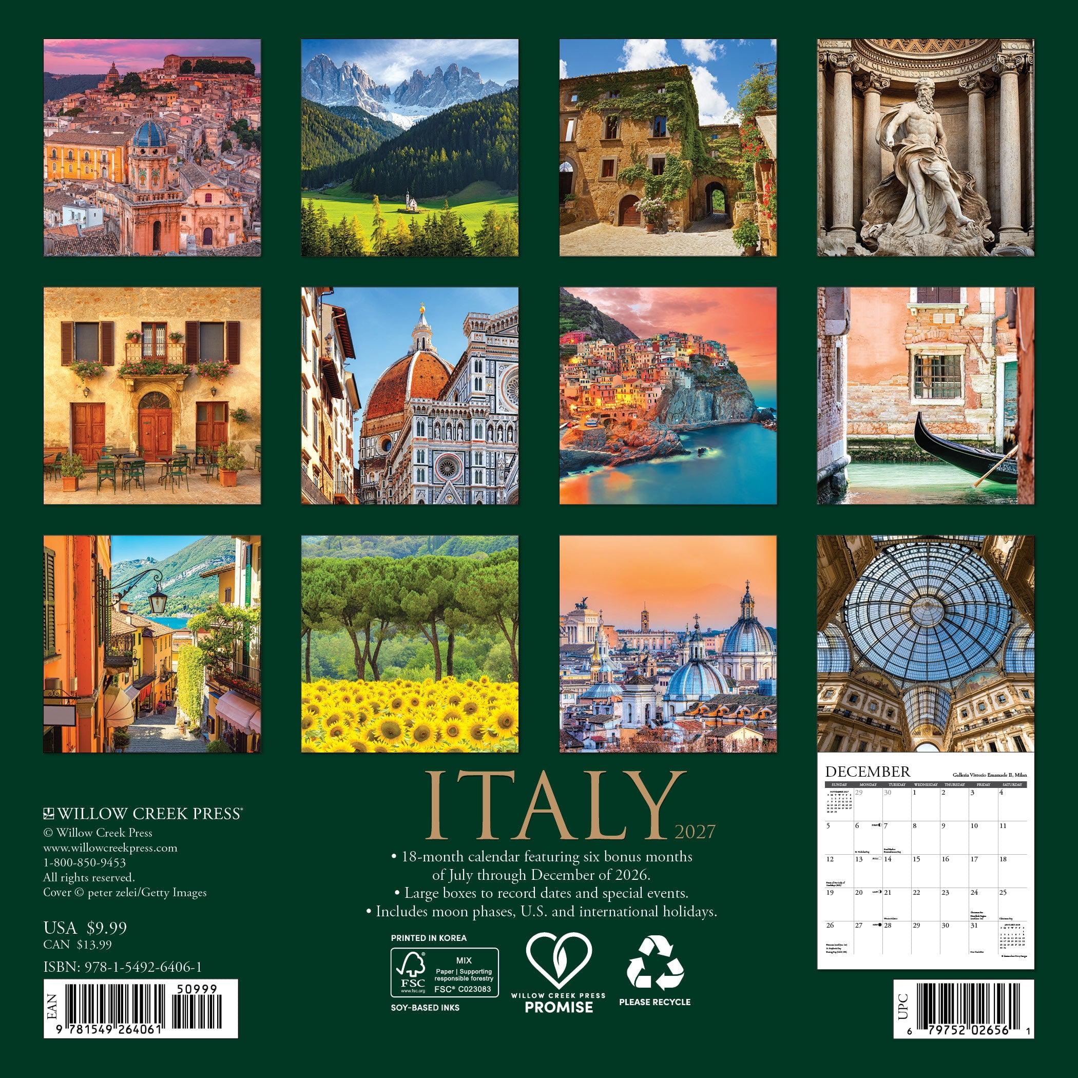 Willow Creek Press, Italy 2027 Mini Wall Calendar