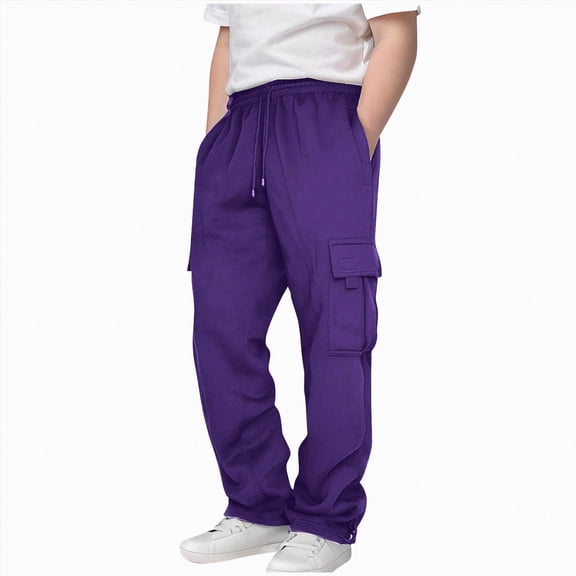 Xyant Youth Cargo Joggers Pants Elastic Waist Straight Sweatpants Boys Girls Fall School Warm Plain Long Pants with Pockets Sweatpants for Boys (Dark Purple,11-12 Years)