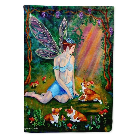 Carolines Treasures 7295GF Fairy in the woods with her Corgis Garden Flag Garden Size multicolor