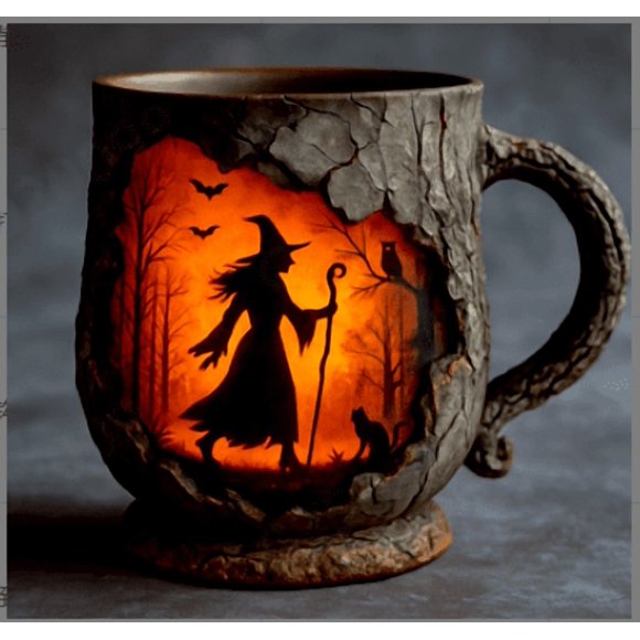 Herunwer Witch Forest Fire Mug, 3d Relief + Forest Silhouette Mugs, Vintage Outdoor Coffee Gifts, Nature Lovers Mountain Hiking Camping Lovers Halloween Coffee Mugs Gifts