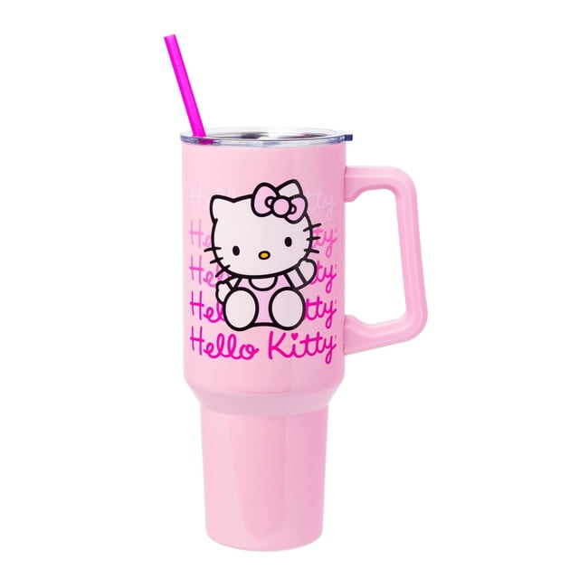 Silver Buffalo Sanrio Hello Kitty - Vaso de acero inoxidable con asa y pajita, cabe en portavasos estándar, 40 onzas