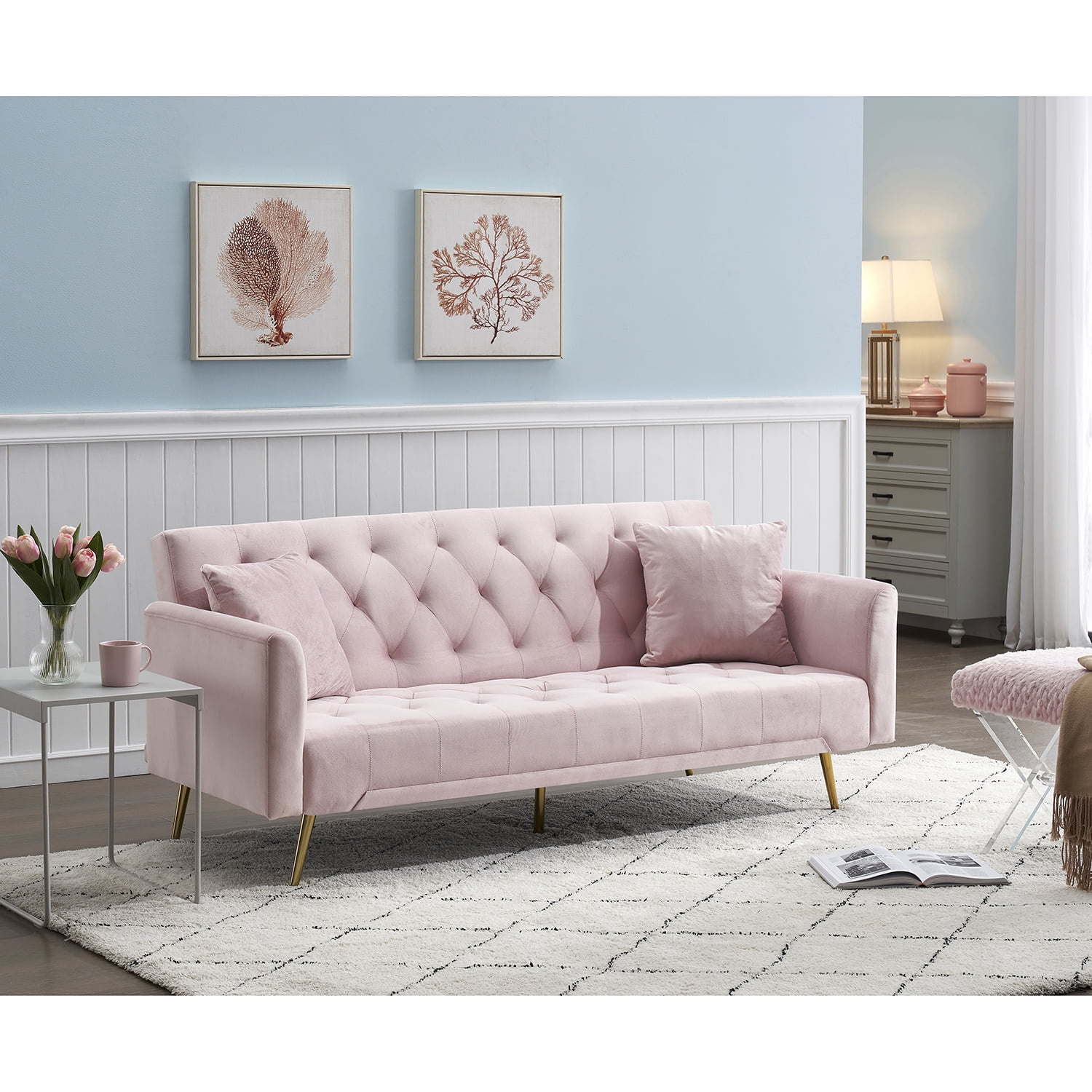 Kadyn 71" Futon Couch, Convertible Double Sofa Bed for Compact Living Space, Modern Velvet Futon Sofa Bed for Living Room, Pink