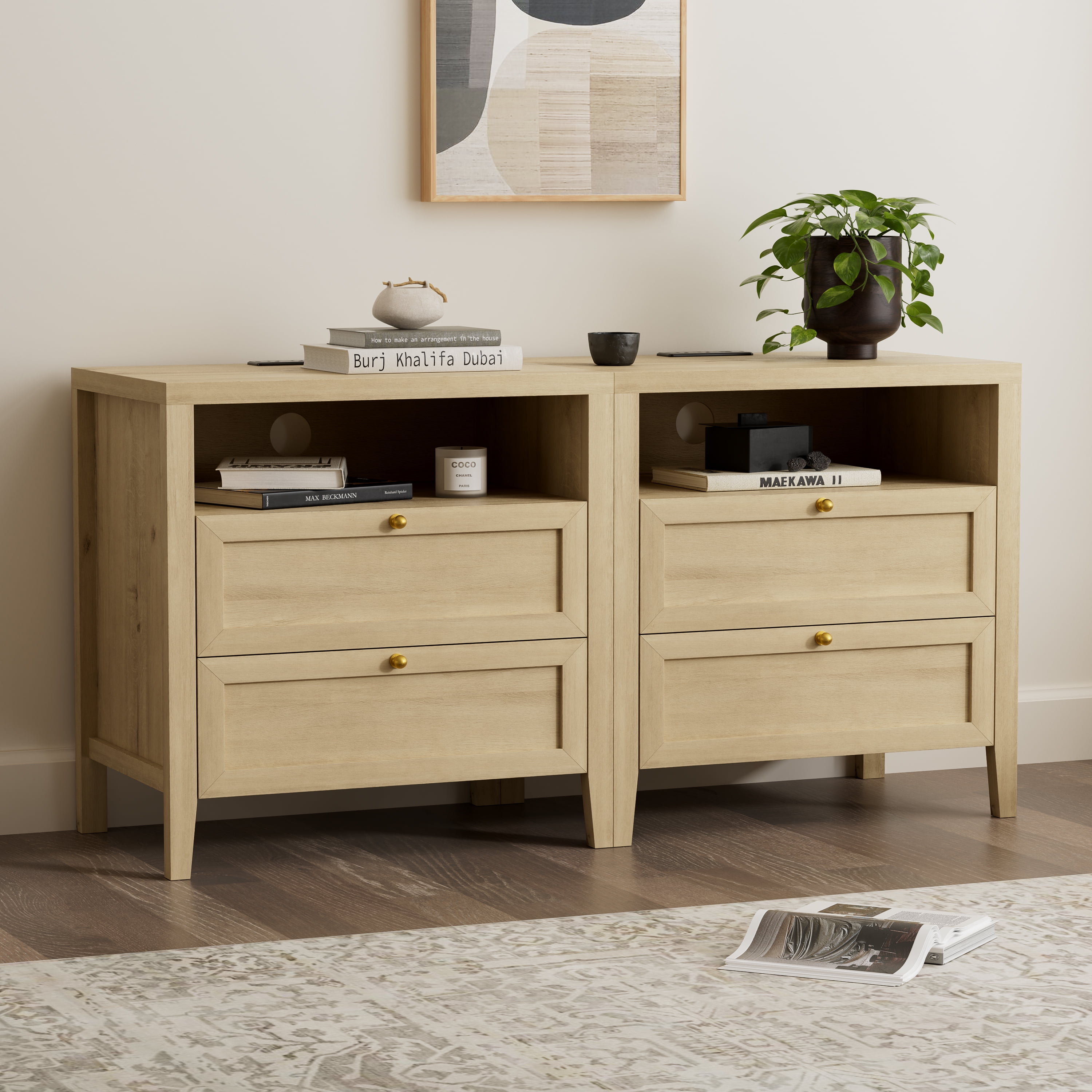 EYYTHUNG Modern Nightstand with Drawers Wooden End Table with Charging Station Farmhouse Night Stand Bedside Side Table with Storage, Light Oak