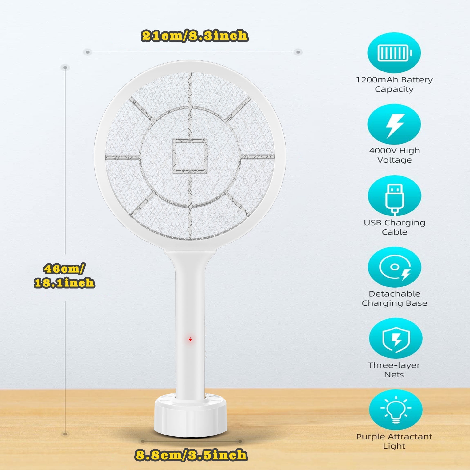 Electric Fly Swatter 3000V Bug Zapper Racket Dual Modes Mosquito Killer with Purple Mosquito Light Rechargeable for Indoor Home Office Backyard Patio Camping (White)