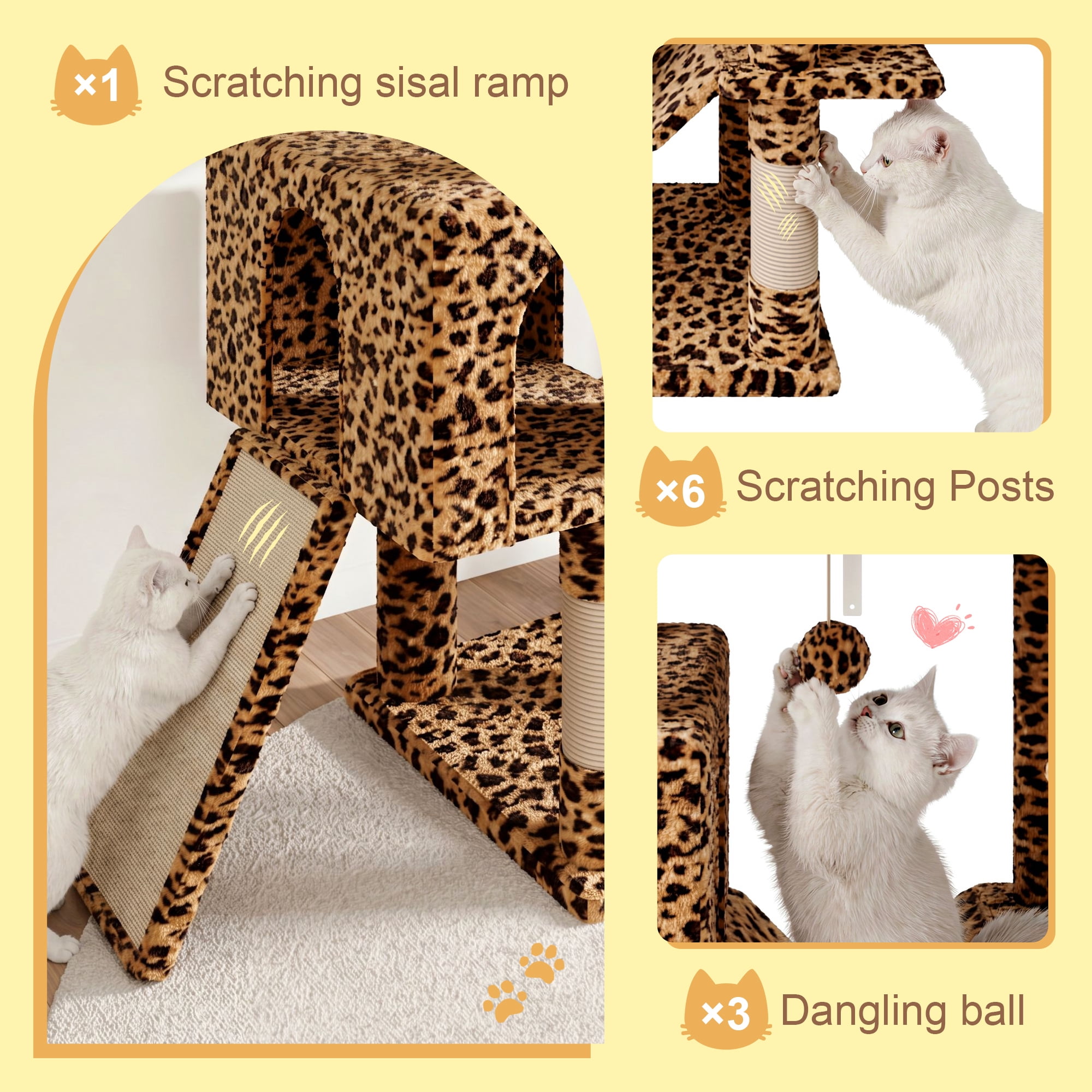 Merrland 82" Multi-Level Large Cat Tree Tower for Indoor Kitties, Cat Furniture with Plush Condo Hammock Top Perch, Sisal Scratching Posts & Ramp, Leopard Print