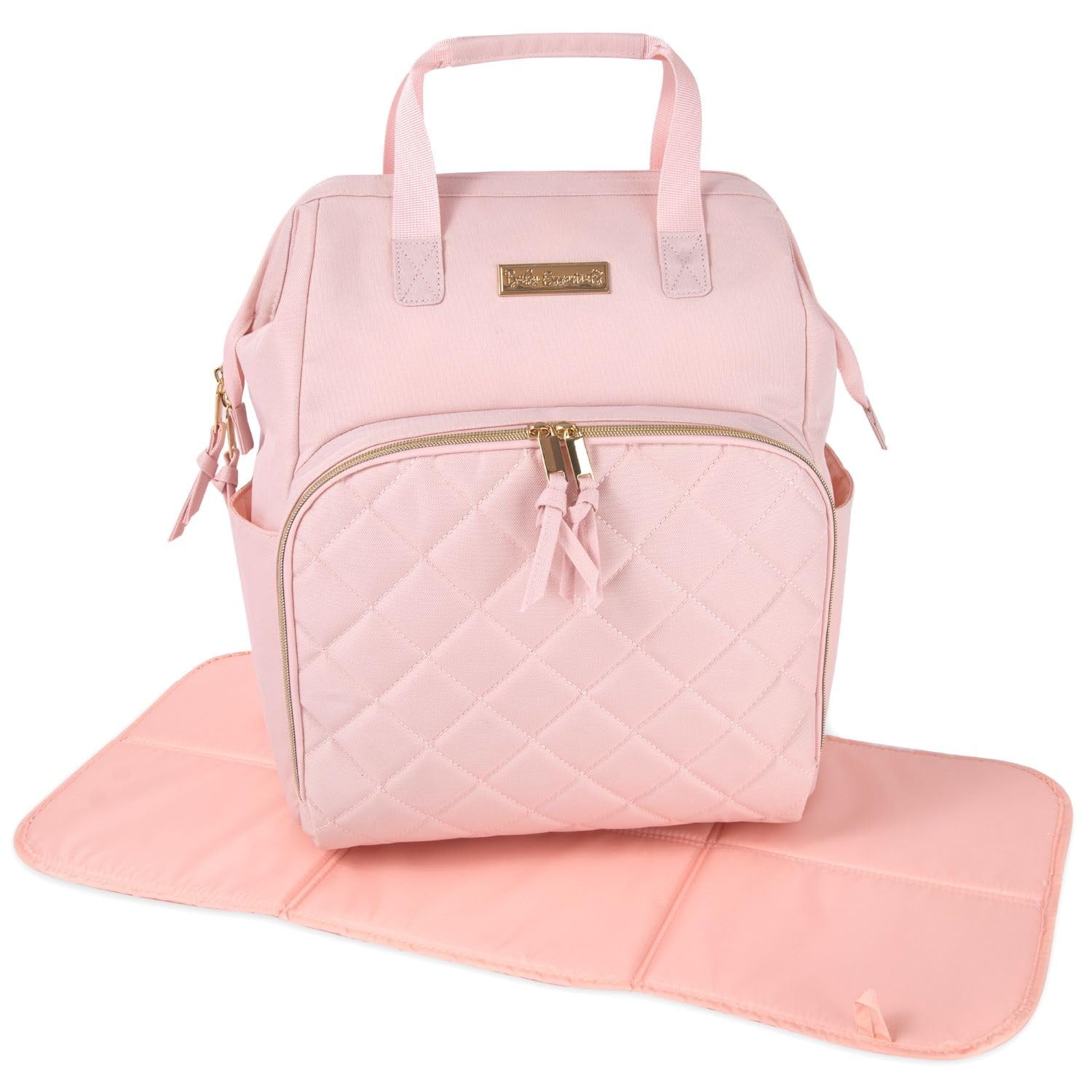 Baby Essentials Super Cooler Main Frame Dual Zipper Closure Diaper Bag Backpack Tote with Matching 6-Ply Changing Pad, Insulated Bottle Pockets and Stroller Straps in Mauve Pink
