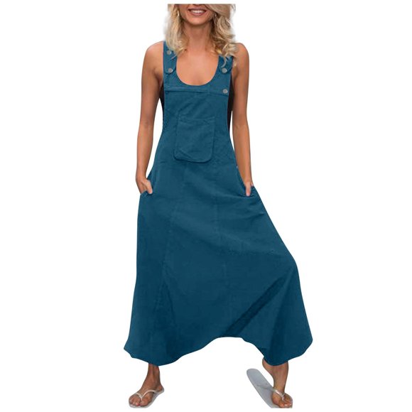 Clearance Women Sleeveless Dungarees Loose Cotton Long Playsuit Jumpsuit Pants Trousers Blue S