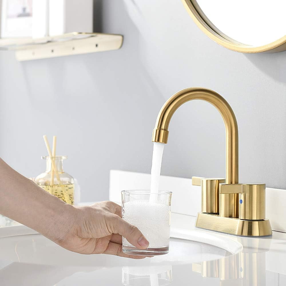 Zovajonia 4 Inch 2 Handle Centerset Lead-Free Bathroom Faucet 2 hole, 360 Swivel Spout with Copper Pop Up Drain and 2 Water Supply Lines Brushed Gold