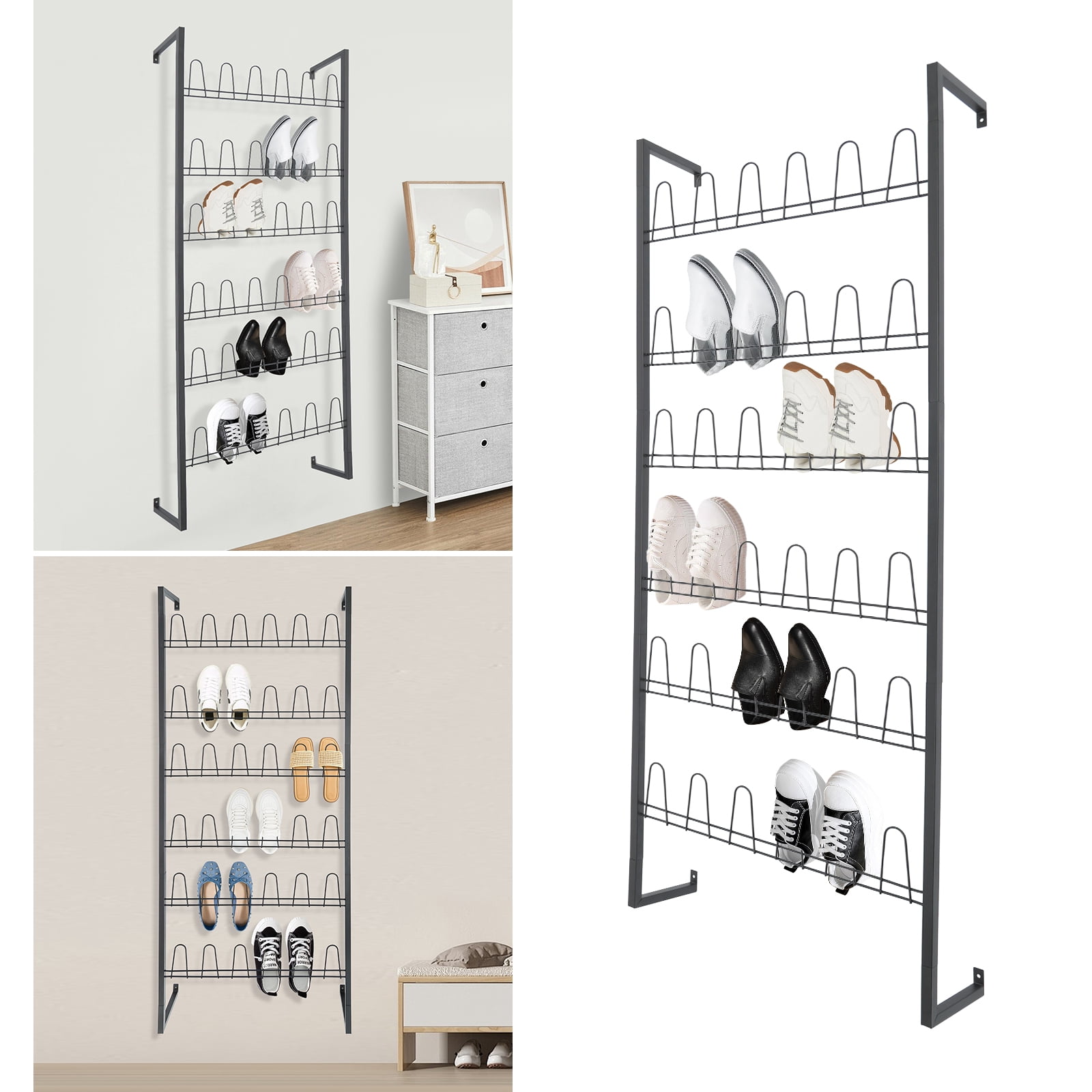 6 Tiers Metal Shoe Organizer, Wall Mounted Shoe Rack, Metal Hanging Shoe Rack Black