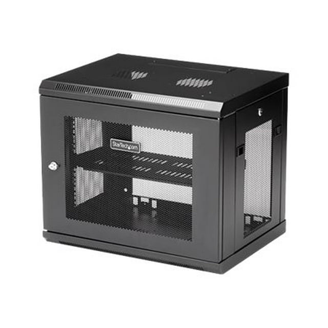 StarTech.com 2 Post 9U 19" Wall Mount Network Cabinet, Adjustable Depth 6-15" Locking IT Switch Depth Enclosure, Vented Computer/Electronics Equipment Data Rack w/ Shelf + Hook & Loop Tape - 19 Inch Wall Cabinet (RK9WALM) - Rack enclosure cabinet - wall mountable - black - 9U