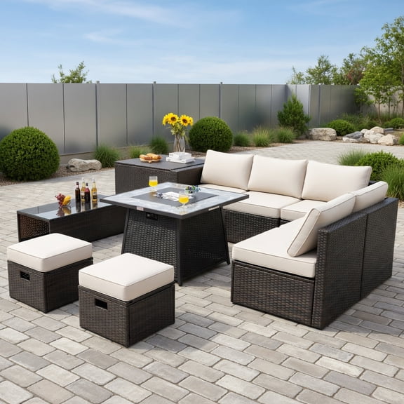 Topcobe 9 Pieces Patio PE Wicker Sectional Set with 50000 BTU Fire Pit Table, Outdoor Patio Furniture for Garden Backyard-Off White