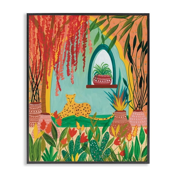 Lone Leopard Among Botanicals Black Framed Giclee Art, design by Nabeela Rumi