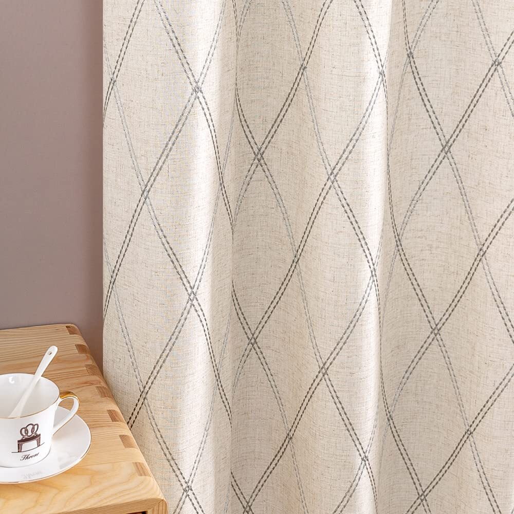 Curtainking Linen Curtains for Living Room 63 inch Farmhouse Diamond Embroidered Flax Window Drapes Light Filtering Grommet Curtains 2 Panels Grey