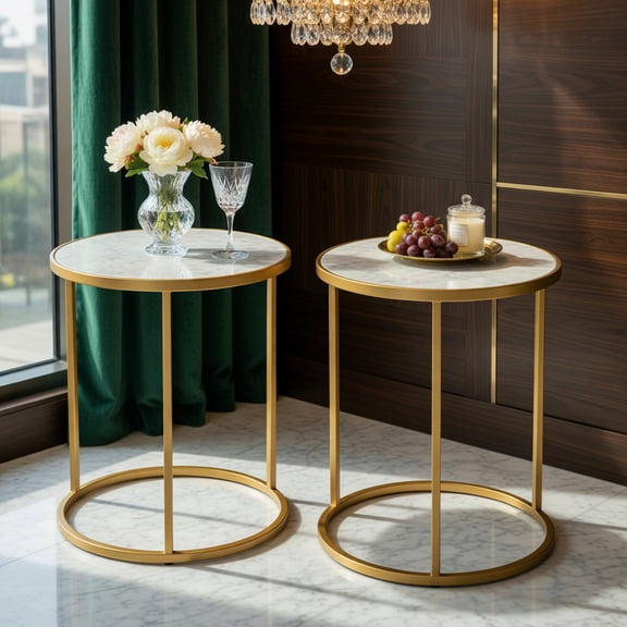 Resenkos 16 Inch Marble Top Round Side Table with Golden Metal Frame for Living Room Bedroom-Set of 2, Nightstand Small Side Table, End Table for Bedroom Living Room