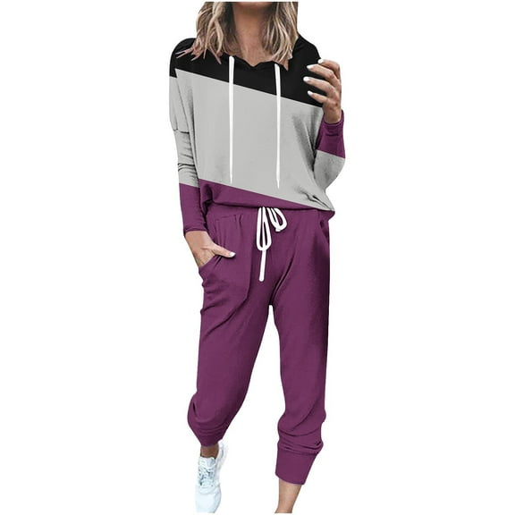 Hueook Travel Outfits For Women 2 Piece Sets Women's Hooded Drop-shoulder Sleeve Elastic Waist Drawstring Pockets Long Pants Set Purple M